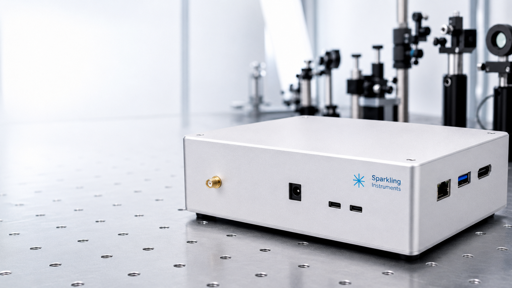 Sparkling Instruments compact single-photon counting module on a photonics optical table